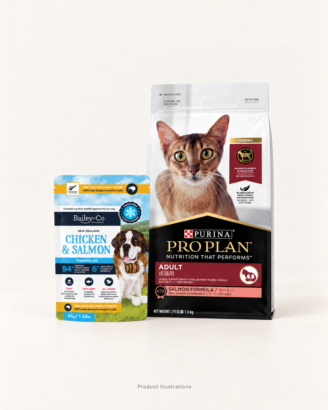 Feeding collection: Bailey+Co Chicken and Salmon Training Aid 45 g and Purina Pro Plan Adult Salmon Formula cat food 1.5 kg on a warm ivory background. Product illustration based on listed packaging.