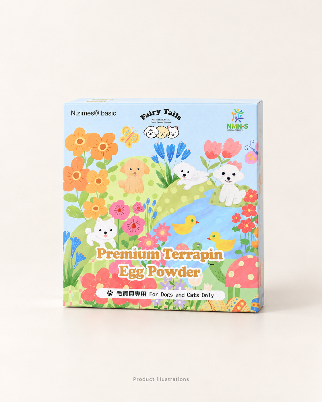Wellness collection: Fairy Tails Premium Terrapin Egg Powder box on a warm ivory background. Product illustration based on listed packaging.