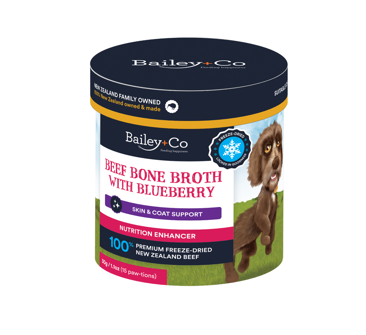 Bailey+Co Freeze-Dried Beef Bone Broth for Dogs – Blueberry – 30 g – front pack