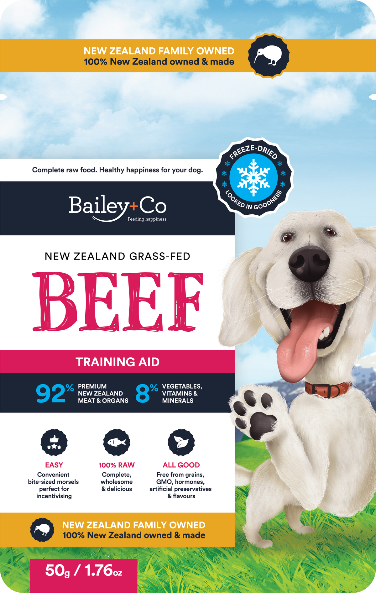 Bailey+Co freeze-dried beef dog food and training bites, 50 g front pack