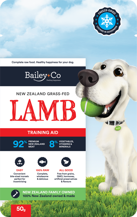 Bailey+Co freeze-dried lamb dog food and training bites, 50 g front pack