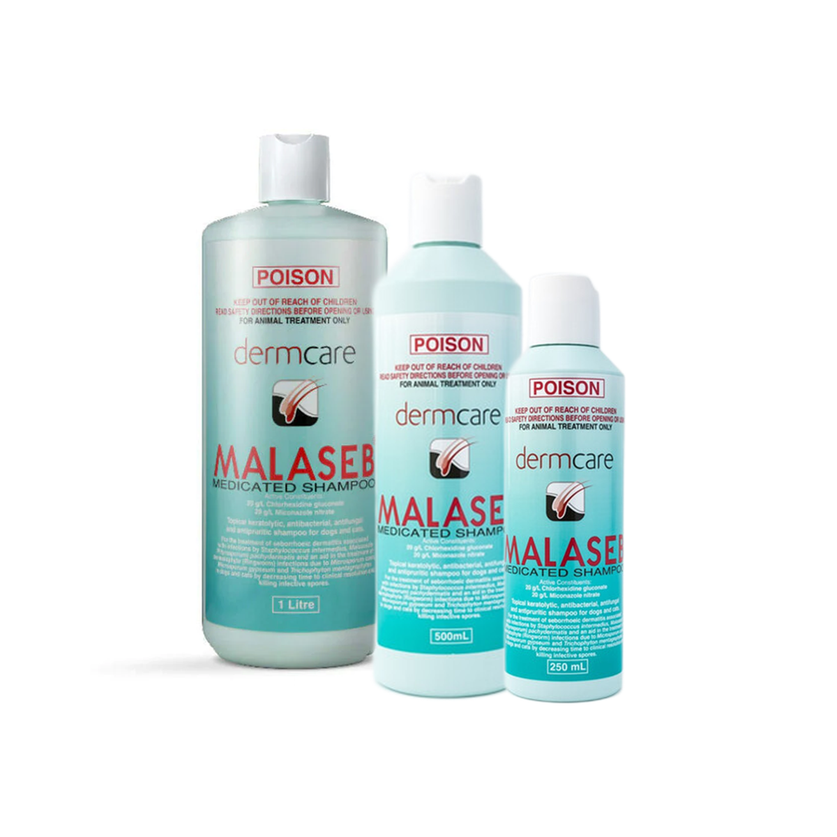 Dermcare Malaseb shampoo range: 250 mL, 500 mL and 1 L; one selected bottle