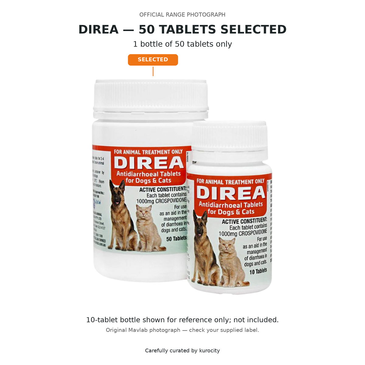 Mavlab Direa range photograph; 50-tablet bottle selected, 10-tablet bottle excluded
