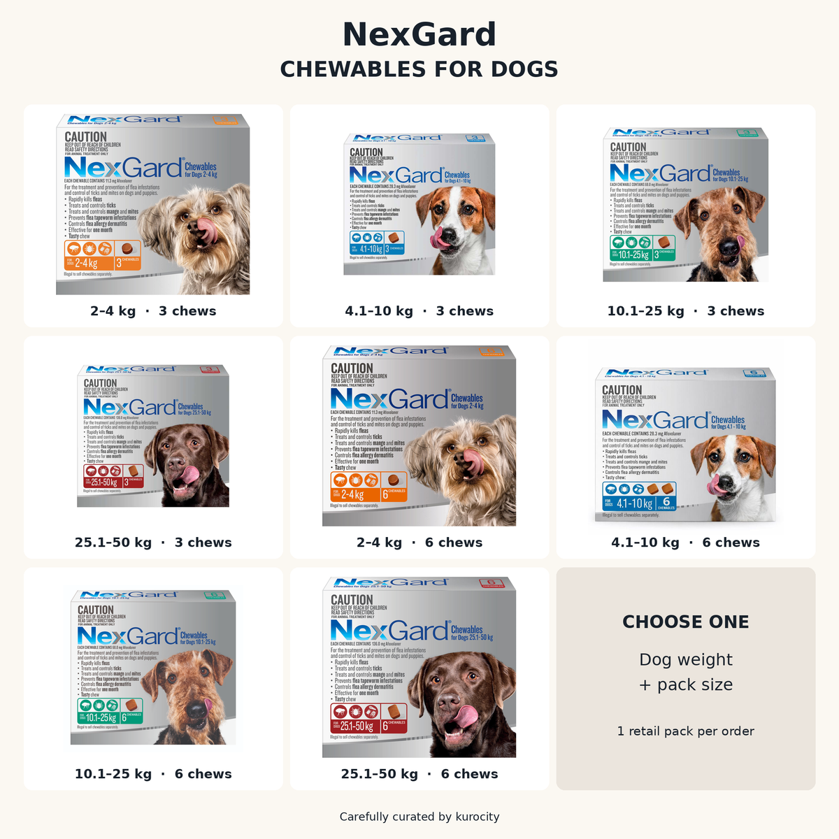 NexGard four dog-weight strengths in 3- and 6-chew packs; one selected pack